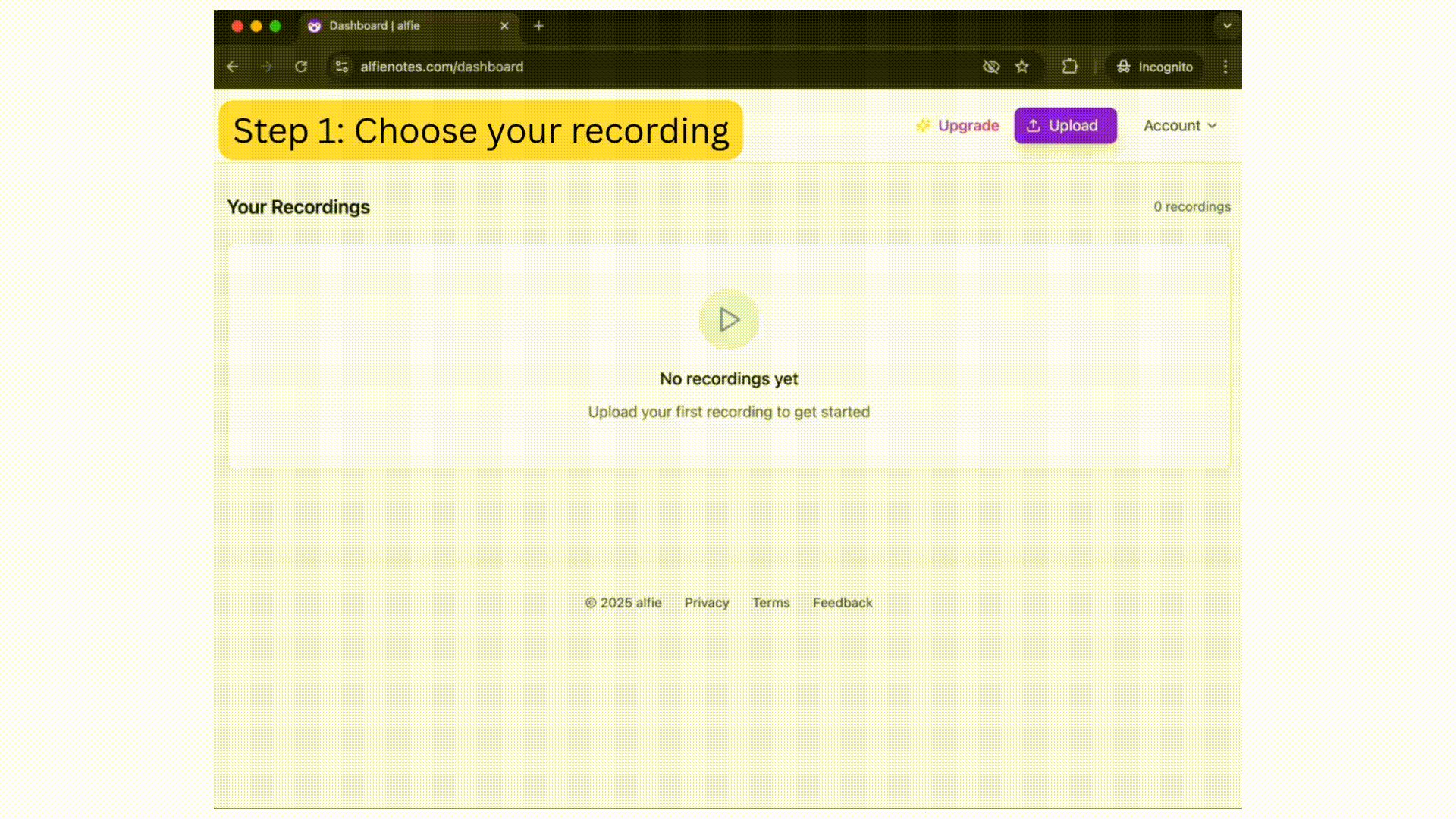 alfie transcription demo - showing the transcription process from audio upload to final transcript with speaker labels